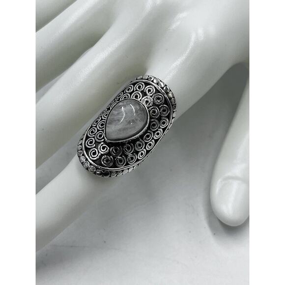 Sterling Silver Teardrop Moonstone Swirl Scrolls Bali Detail Long Ring Sz 7.5 - Picture 13 of 16